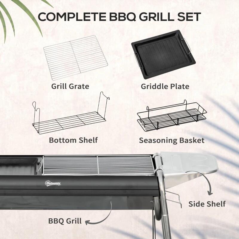 Gratar gradina/camping cu carbuni, portabil, grill dreptunghiular, cu rafturi, structura inox, 96x61x72 cm