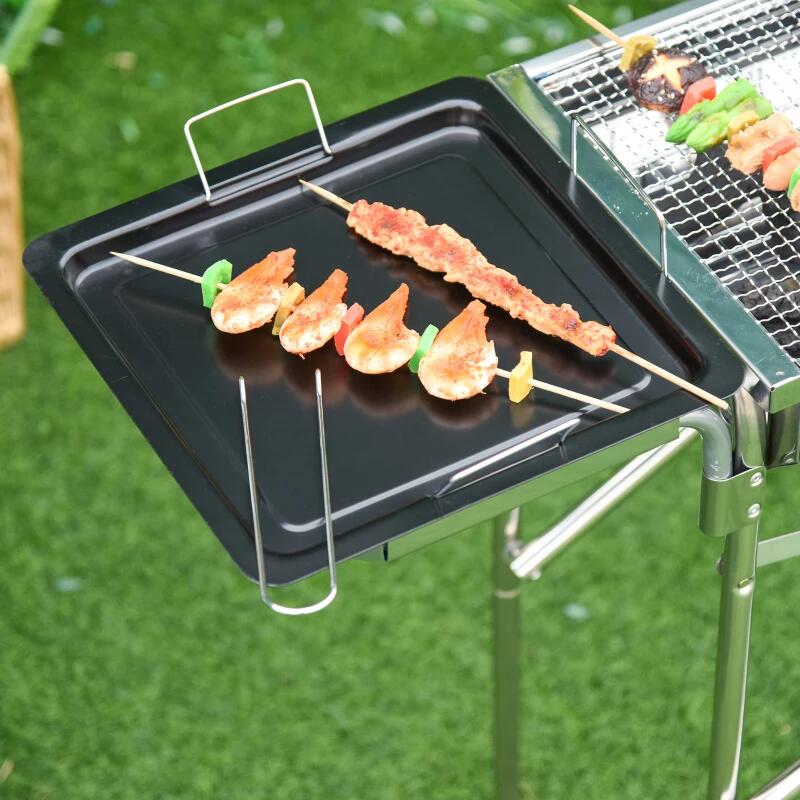 Kerti/kemping faszenes grillsütő, hordozható, téglalap alakú grillsütő, fűszertartóval, rozsdamentes acél szerkezet, 104x30x68 cm