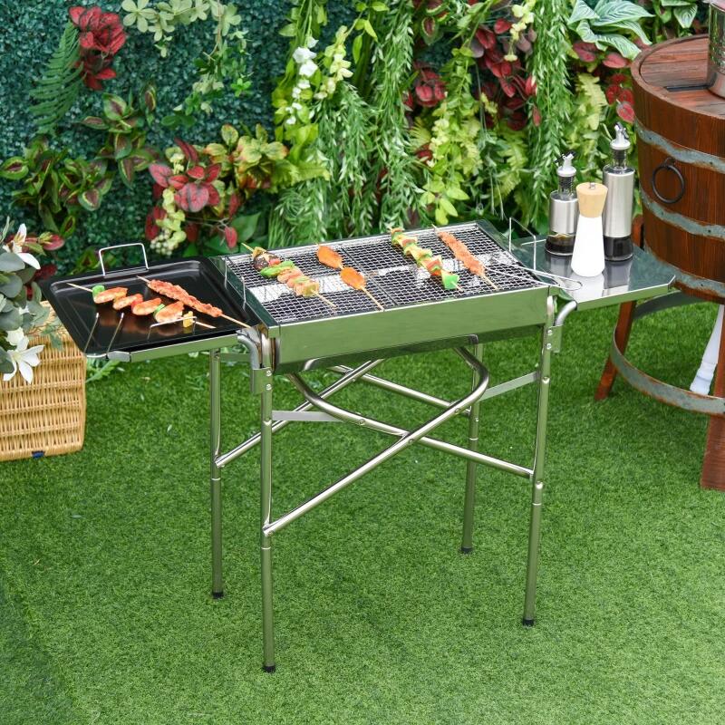 Kerti/kemping faszenes grillsütő, hordozható, téglalap alakú grillsütő, fűszertartóval, rozsdamentes acél szerkezet, 104x30x68 cm