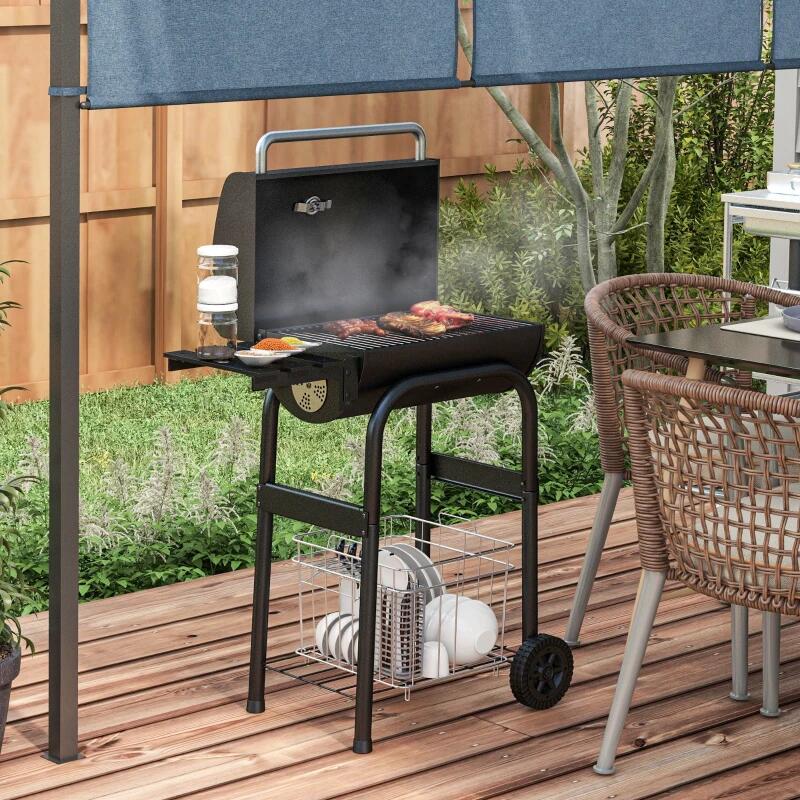 Faszenes kerti grillsütő, téglalap alakú grillsütő, kerekekkel, fedővel, fűszertartóval, 43,5 cm, 83x46,5x115 cm