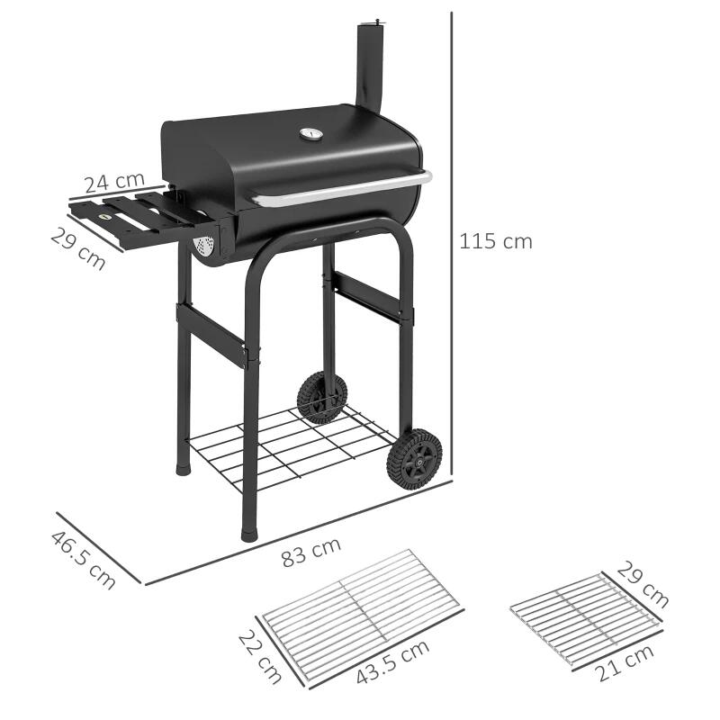 Faszenes kerti grillsütő, téglalap alakú grillsütő, kerekekkel, fedővel, fűszertartóval, 43,5 cm, 83x46,5x115 cm