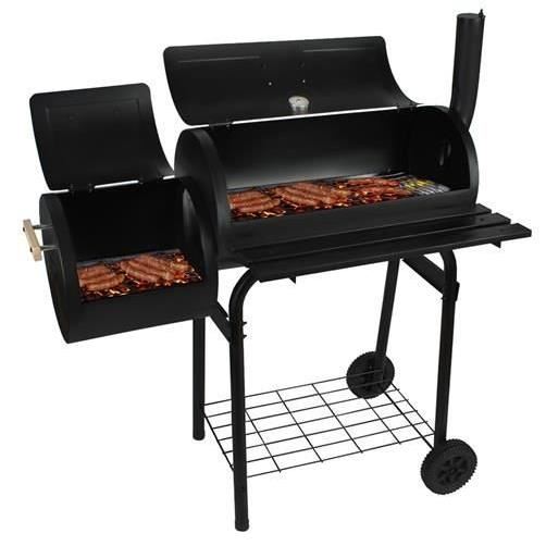 Kerti grillsütő, téglalap alakú grillsütő, kerekekkel, fedővel, füstölővel és kéménysel, 54x32 cm