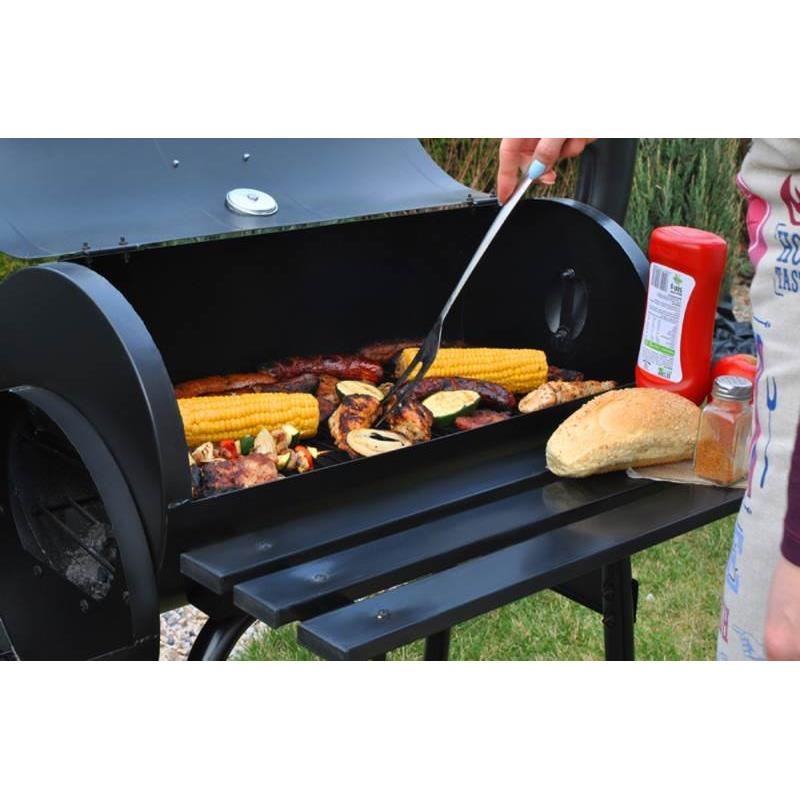 Kerti grillsütő, téglalap alakú grillsütő, kerekekkel, fedővel, füstölővel és kéménysel, 54x32 cm