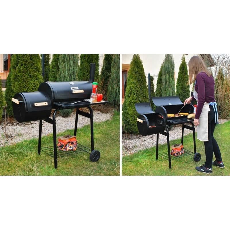 Kerti grillsütő, téglalap alakú grillsütő, kerekekkel, fedővel, füstölővel és kéménysel, 54x32 cm