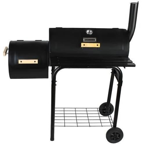 Kerti grillsütő, téglalap alakú grillsütő, kerekekkel, fedővel, füstölővel és kéménysel, 54x32 cm