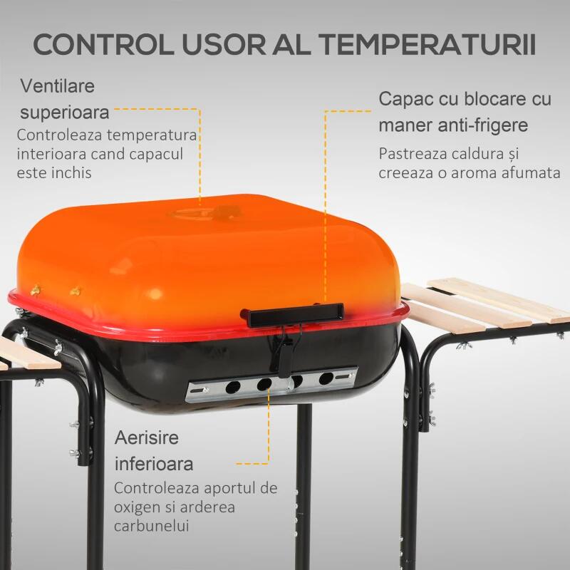 Faszenes kerti grillsütő, téglalap alakú grillsütő, kerekekkel, fedővel, polcokkal, 43 cm, 98x49x81 cm