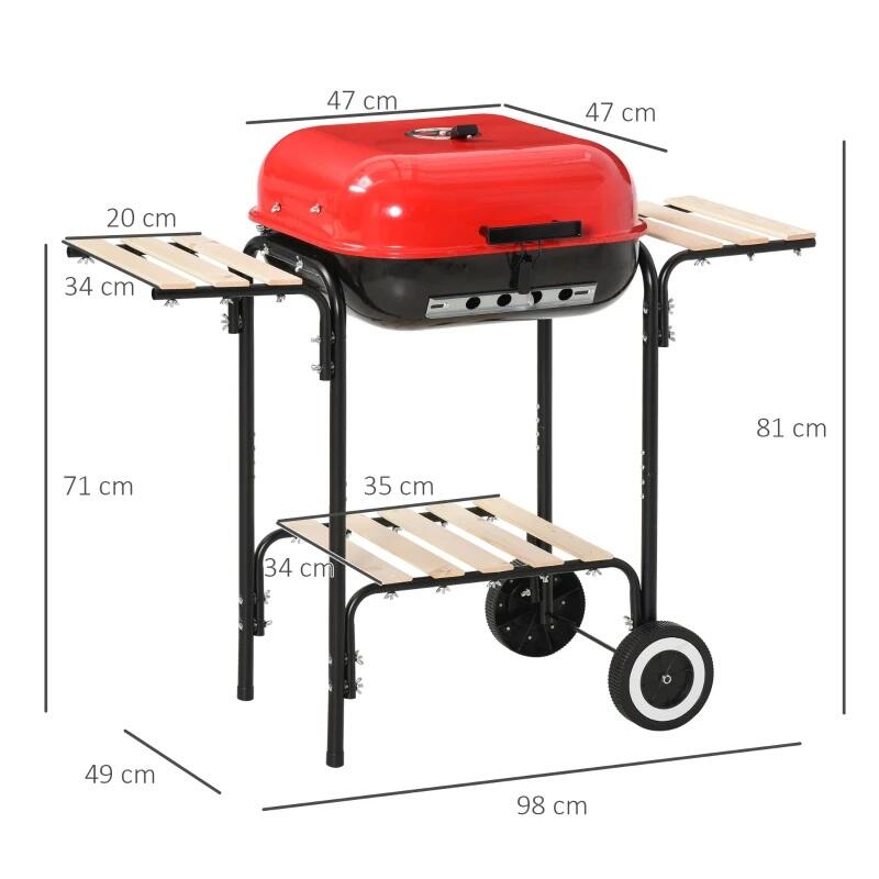 Faszenes kerti grillsütő, téglalap alakú grillsütő, kerekekkel, fedővel, polcokkal, 43 cm, 98x49x81 cm