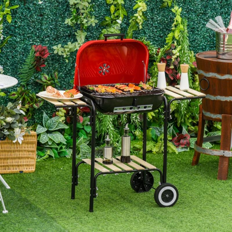 Faszenes kerti grillsütő, téglalap alakú grillsütő, kerekekkel, fedővel, polcokkal, 43 cm, 98x49x81 cm