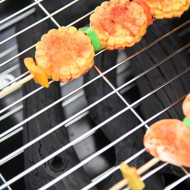 Faszenes kerti grillsütő, téglalap alakú grillsütő, kerekekkel, fedéllel, polcokkal, 53 cm, 89x60x83 cm