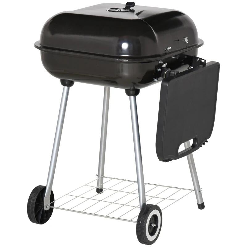 Faszenes kerti grillsütő, téglalap alakú grillsütő, kerekekkel, fedéllel, polcokkal, 53 cm, 89x60x83 cm