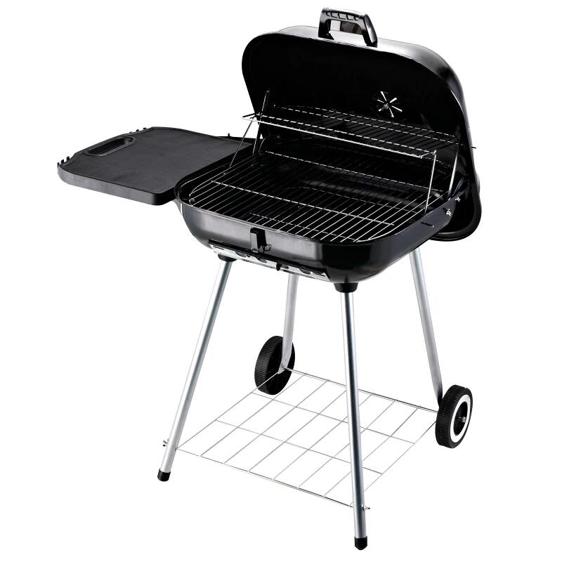 Faszenes kerti grillsütő, téglalap alakú grillsütő, kerekekkel, fedéllel, polcokkal, 53 cm, 89x60x83 cm