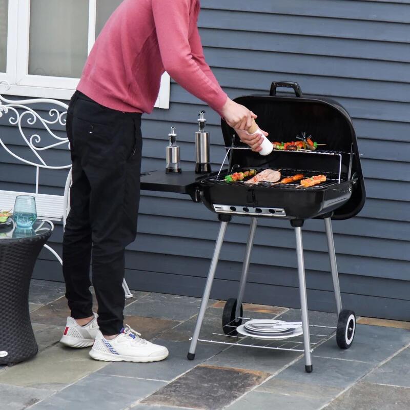 Faszenes kerti grillsütő, téglalap alakú grillsütő, kerekekkel, fedéllel, polcokkal, 53 cm, 89x60x83 cm