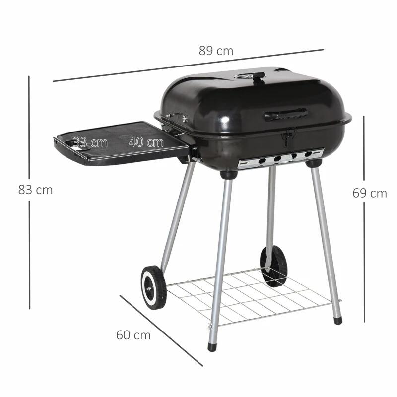Faszenes kerti grillsütő, téglalap alakú grillsütő, kerekekkel, fedéllel, polcokkal, 53 cm, 89x60x83 cm