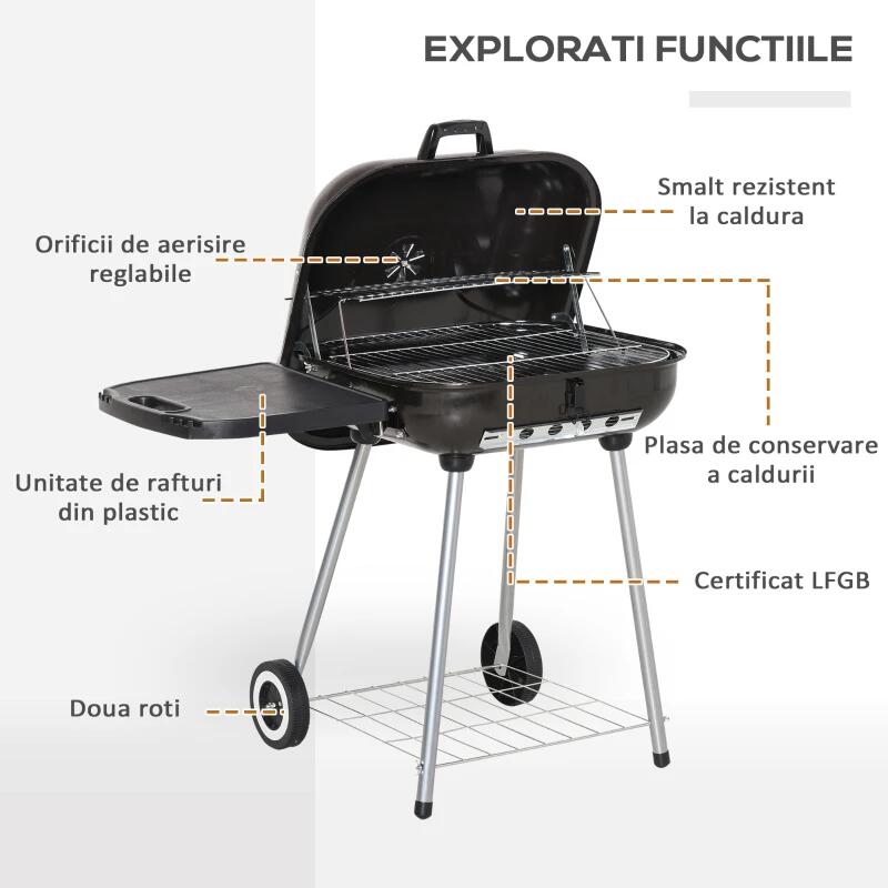 Gratar gradina cu carbuni, grill dreptunghiular, cu roti, capac, rafturi, 53 cm, 89x60x83 cm