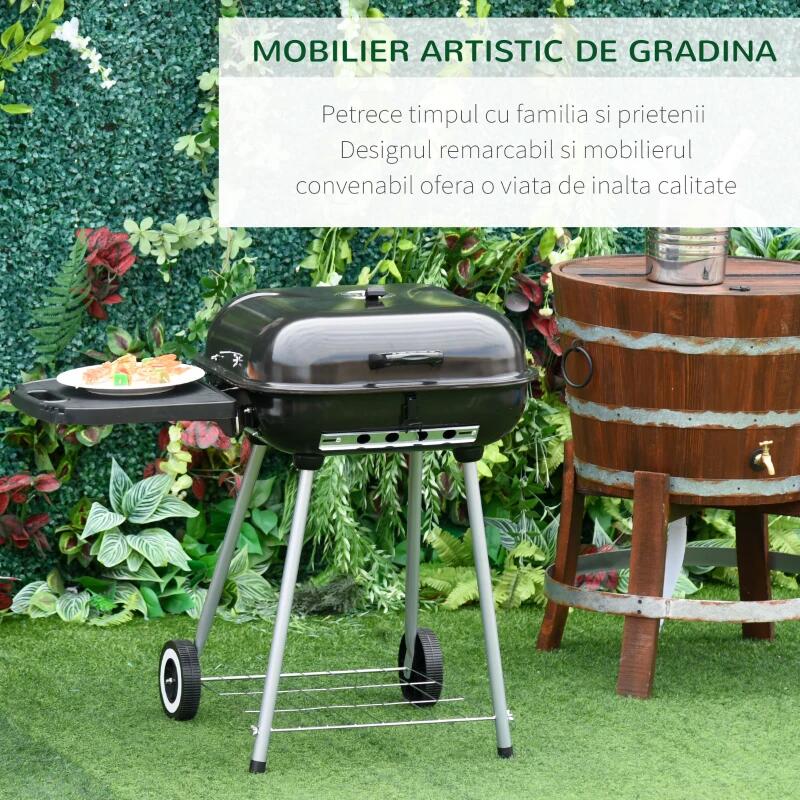 Gratar gradina cu carbuni, grill dreptunghiular, cu roti, capac, rafturi, 53 cm, 89x60x83 cm