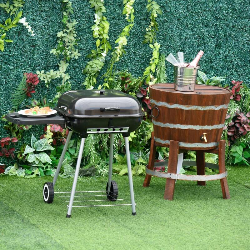 Faszenes kerti grillsütő, téglalap alakú grillsütő, kerekekkel, fedéllel, polcokkal, 53 cm, 89x60x83 cm