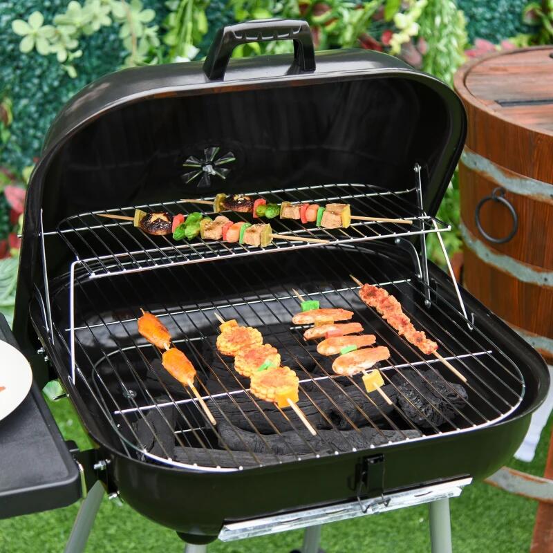 Faszenes kerti grillsütő, téglalap alakú grillsütő, kerekekkel, fedéllel, polcokkal, 53 cm, 89x60x83 cm
