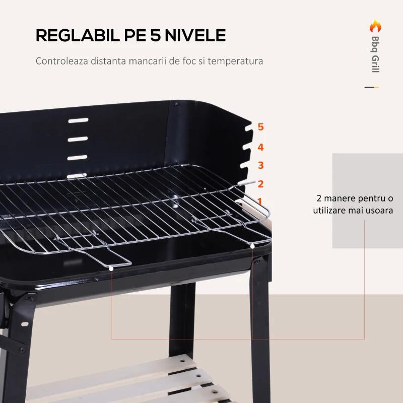 Gratar gradina cu carbuni, grill dreptunghiular, reglabil, cu roti, 87x43x83 cm