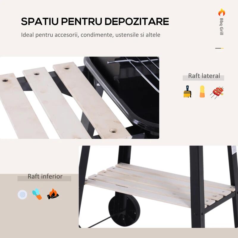 Gratar gradina cu carbuni, grill dreptunghiular, reglabil, cu roti, 87x43x83 cm