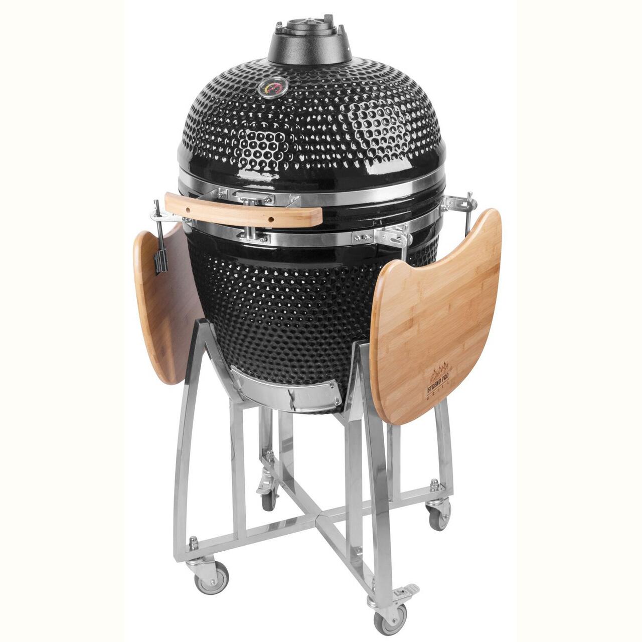 Kerti grillsütő, kerek grillsütő, kerámia, kerekekkel, fedővel, polcokkal, 130x73x122 cm, Kamado Egg 21
