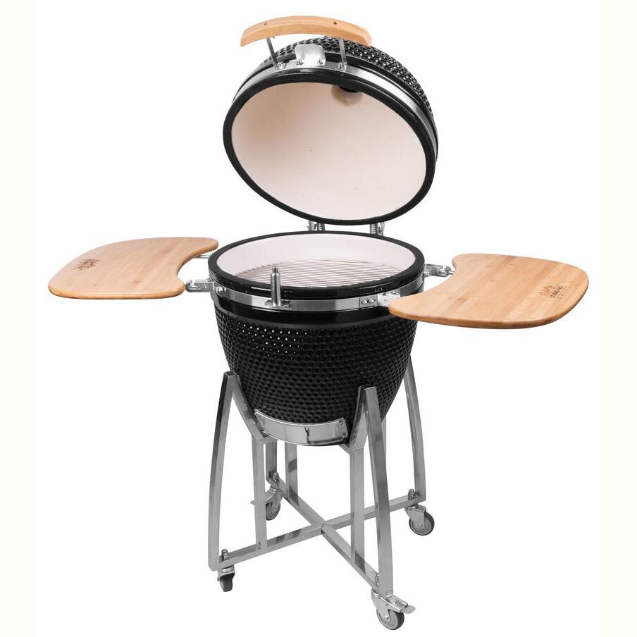 Kerti grillsütő, kerek grillsütő, kerámia, kerekekkel, fedővel, polcokkal, 130x73x122 cm, Kamado Egg 21