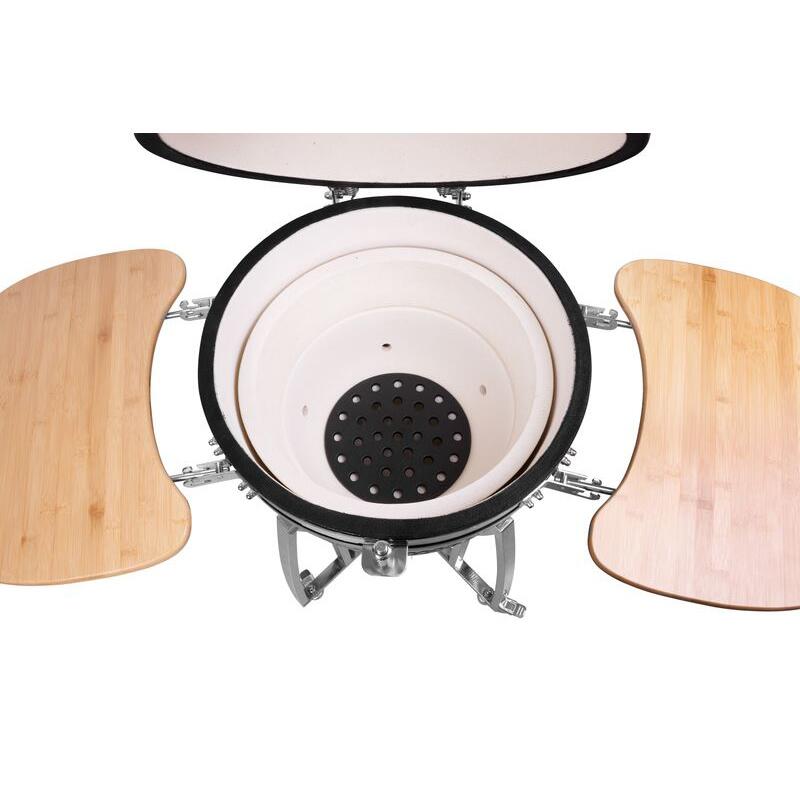 Kerti grillsütő, kerek grillsütő, kerámia, kerekekkel, fedővel, polcokkal, 130x73x122 cm, Kamado Egg 21