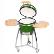 Gratar gradina cu carbuni, grill rotund, ceramic, cu roti, capac, rafturi, verde, 40x97.5 cm, Kamado Egg 16