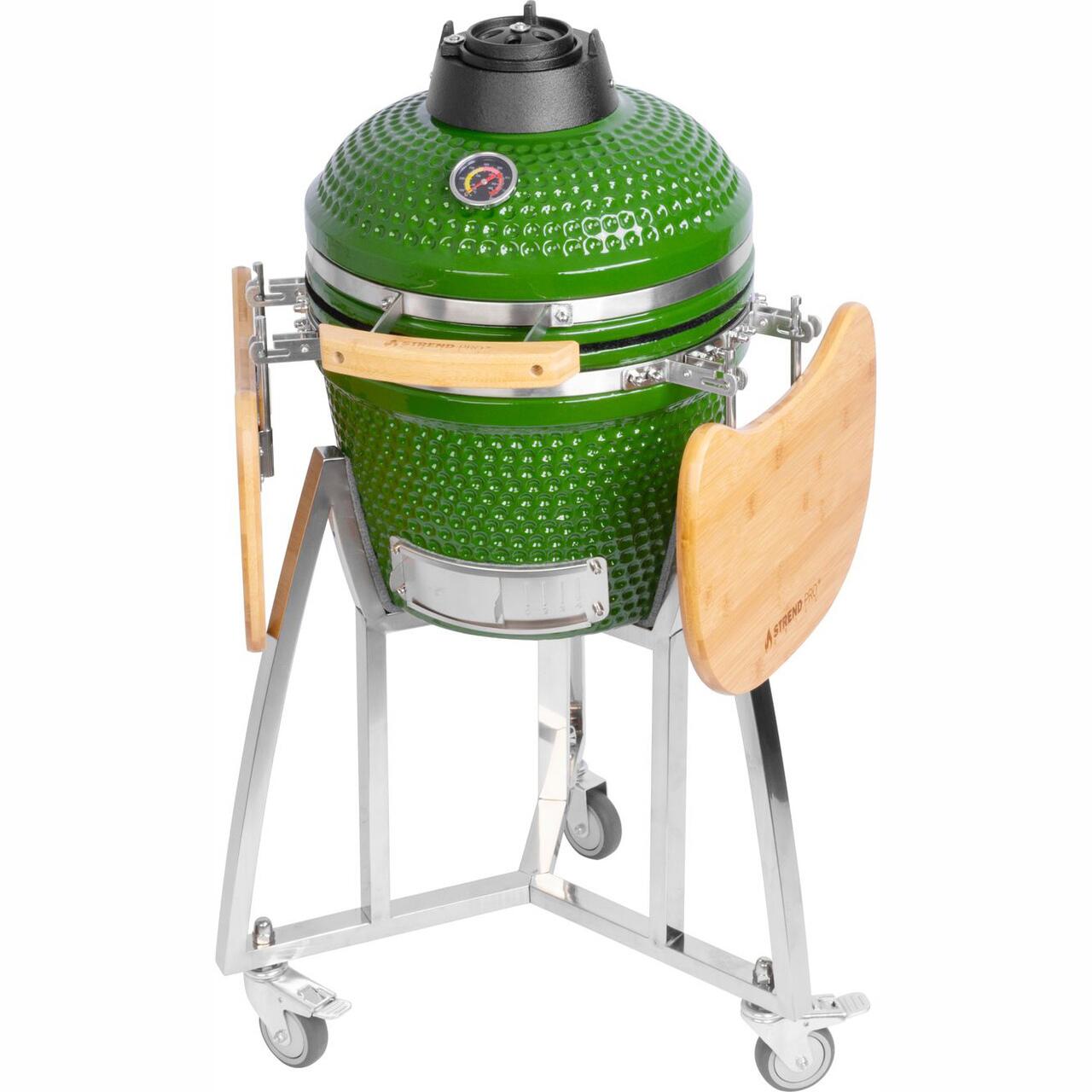 Gratar gradina cu carbuni, grill rotund, ceramic, cu roti, capac, rafturi, verde, 40x97.5 cm, Kamado Egg 16