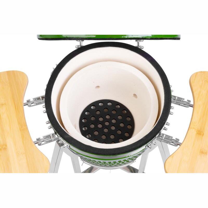 Gratar gradina cu carbuni, grill rotund, ceramic, cu roti, capac, rafturi, verde, 40x97.5 cm, Kamado Egg 16