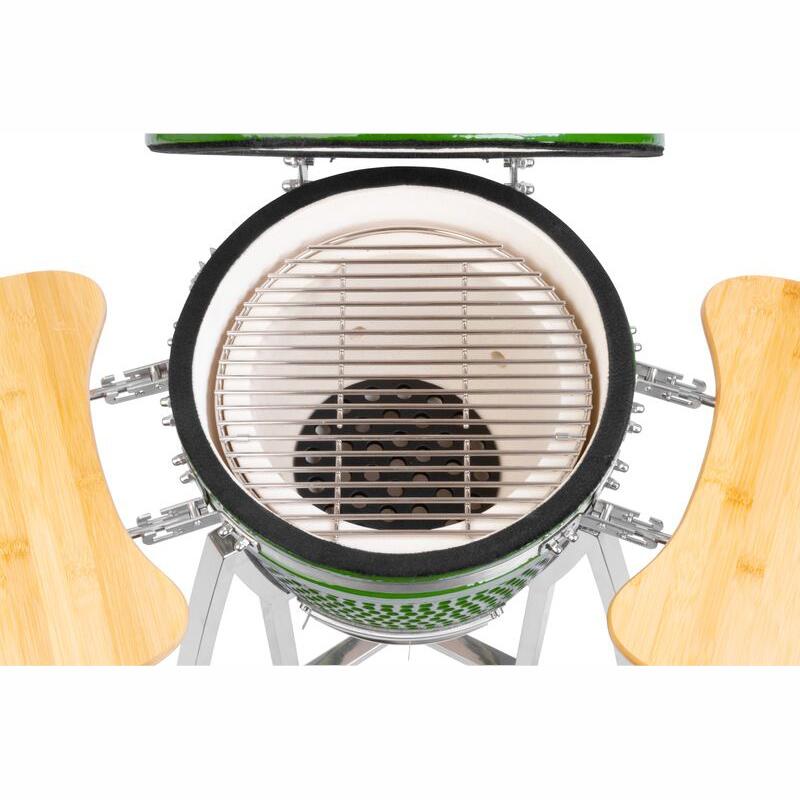 Gratar gradina cu carbuni, grill rotund, ceramic, cu roti, capac, rafturi, verde, 40x97.5 cm, Kamado Egg 16