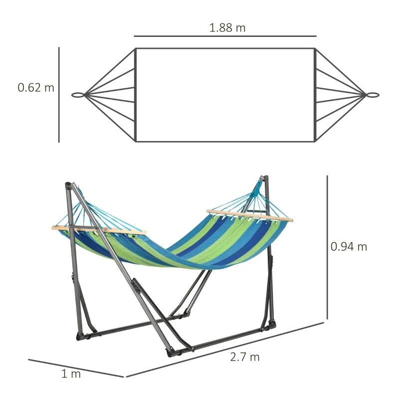 Hamac bumbac cu suport otel, geanta, albastru si verde, dungi, 188x62 cm