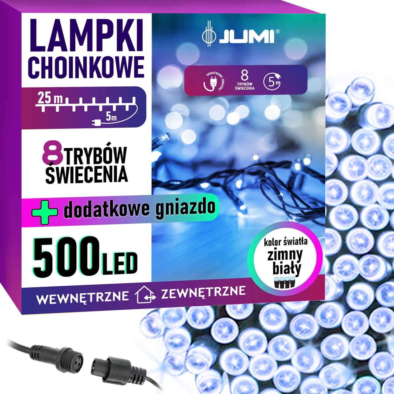 Instalatie luminoasa de Craciun, exterior/interior, 500 LED, 8 moduri, alb rece, IP44, 25 m, Jumi
