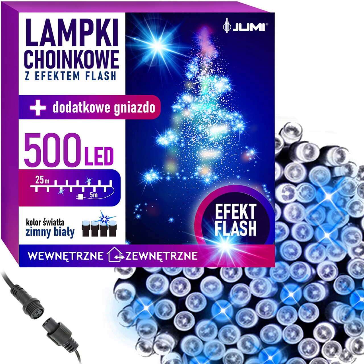 Instalatie luminoasa de Craciun, exterior/interior, 500 LED, cu efect FLASH, alb rece, IP44, 25 m, Jumi