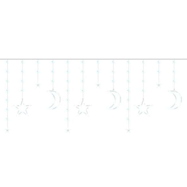 Instalatie luminoasa tip perdea, model stea si luna, alb rece, 8 moduri iluminare, interior-exterior, IP44, 138 LED, 2.5 m