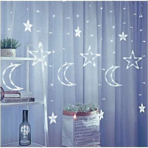 Instalatie luminoasa tip perdea, model stea si luna, alb rece, 8 moduri iluminare, interior-exterior, IP44, 138 LED, 2.5 m