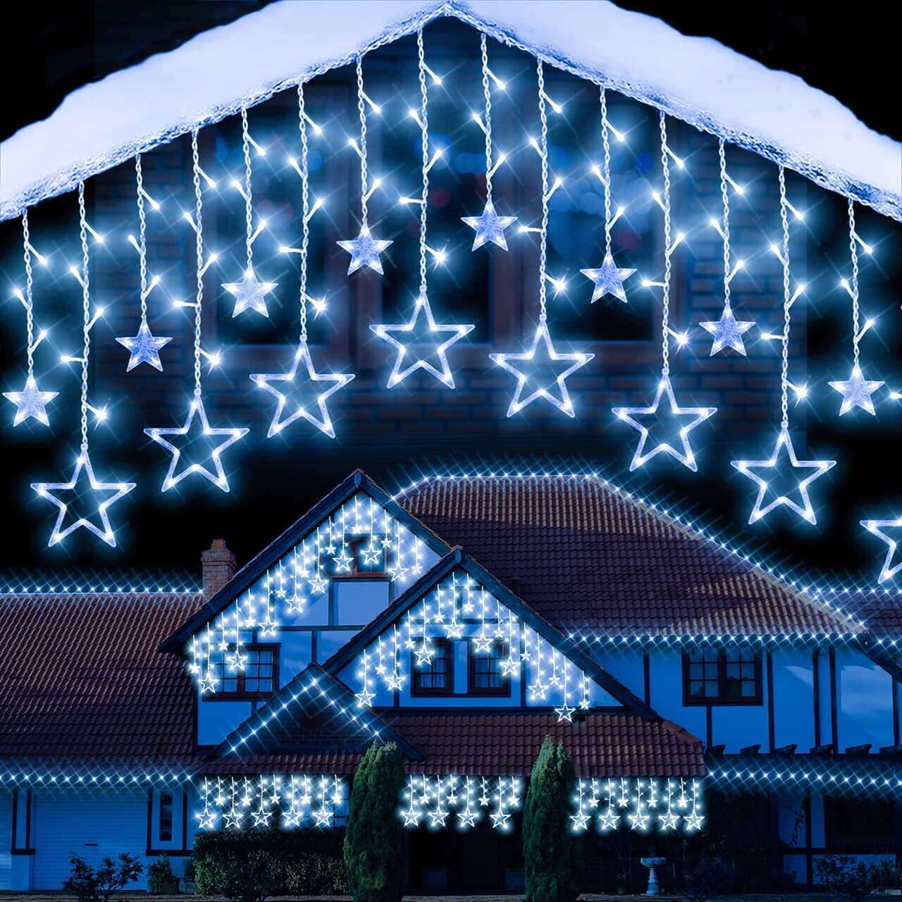 Instalatie luminoasa tip perdea, exterior/interior, 138 LED, 8 moduri, model stea, alb rece, IP44, 2.75 m, Jumi