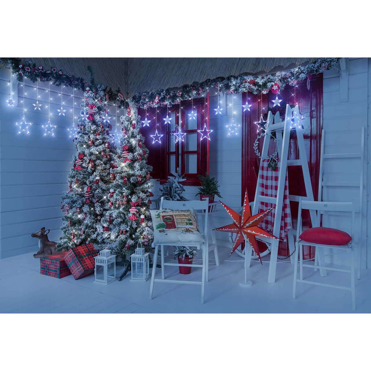 Instalatie luminoasa tip perdea, exterior/interior, 138 LED, 8 moduri, model stea, alb rece, IP44, 2.75 m, Jumi