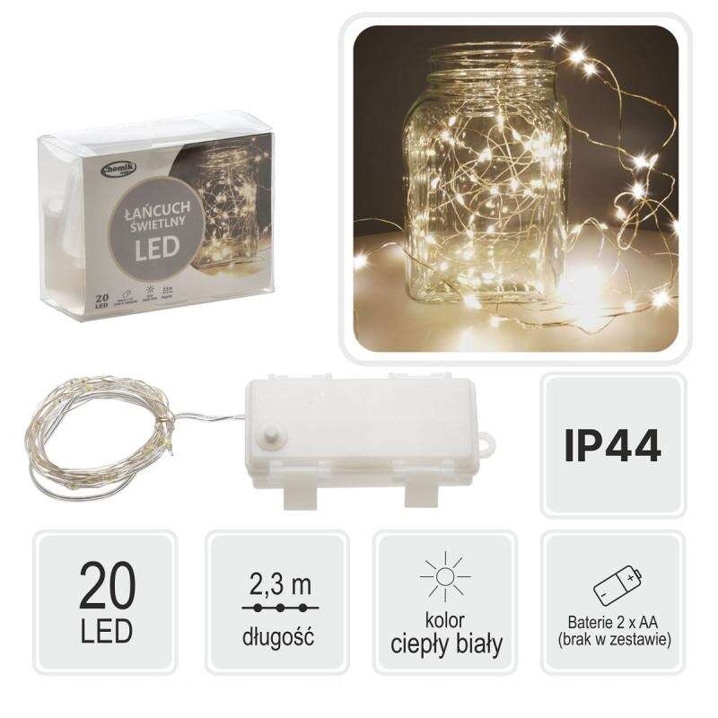 Instalatie luminoasa de Craciun, exterior/interior, 20 LED, alb cald, IP44, 2xAA, 2.3 m, Chomik