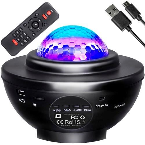 Éjjeli lámpa projektorral, zenélő, LED, távirányítóval, bluetooth-tal, USB töltés, fekete, 17x13 cm, Isotrade