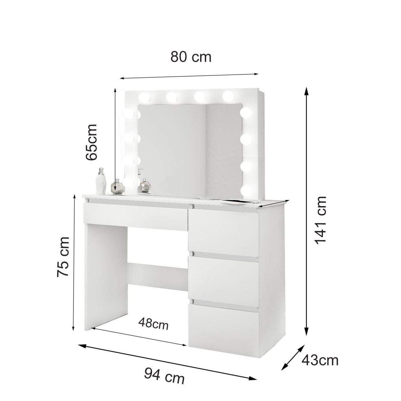 Masa de toaleta/machiaj + Taburet, alba, cu oglinda si LED-uri, Irina, 94x43x141 cm