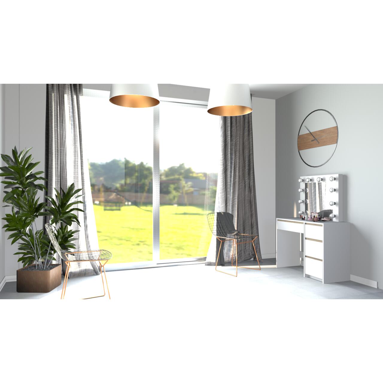 Fésülködőasztal/sminkasztal, fényes fehér és sonoma tölgy, tükörrel és LED-ekkel, Irina, 94x43x141 cm