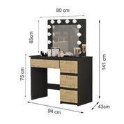 Masa de toaleta/machiaj, negru si stejar Wotan, cu oglinda si LED-uri, Irina, 94x43x141 cm
