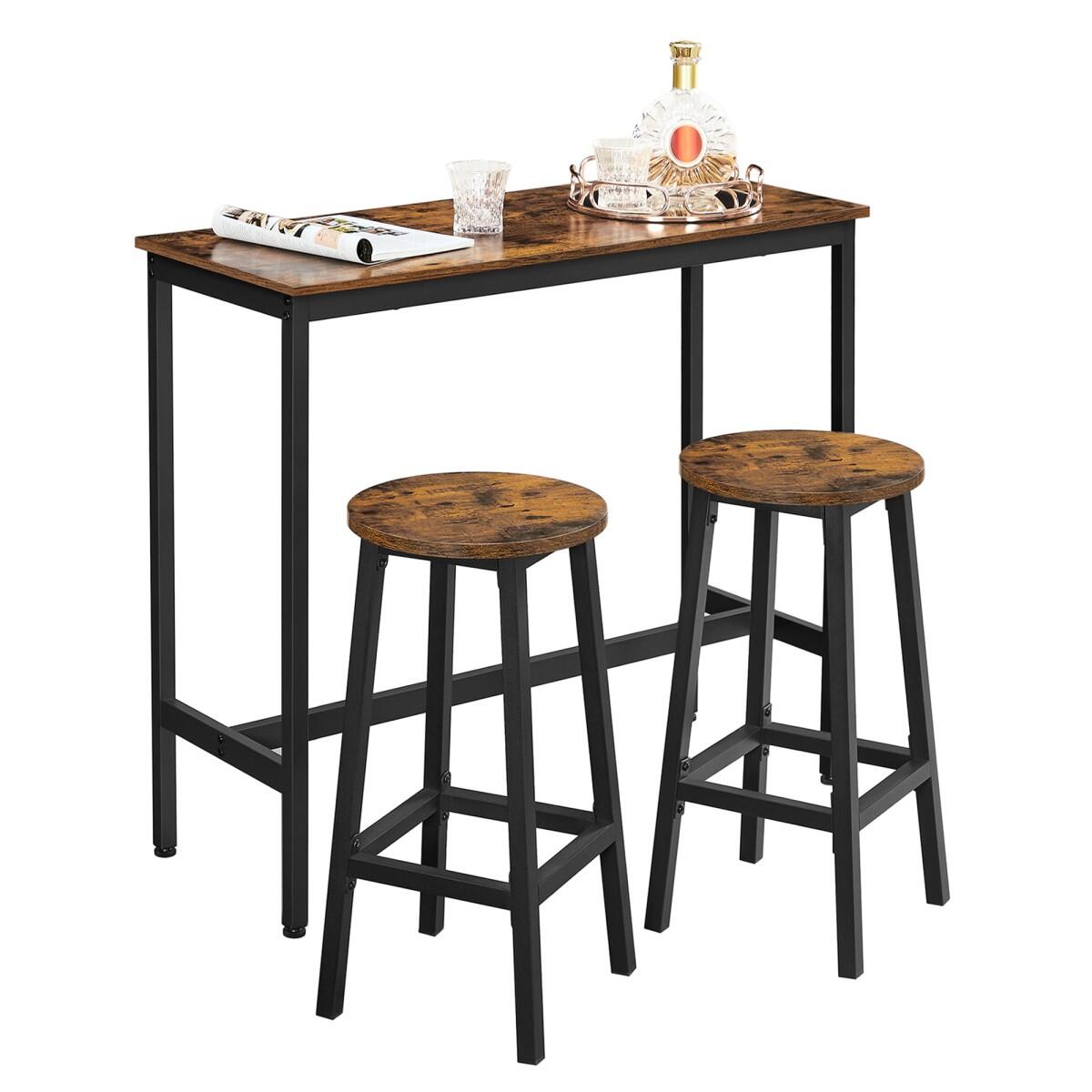 Masa pentru bucatarie/living/bar + 2 scaune, pal si otel, maro rustic, 100x40x90 cm