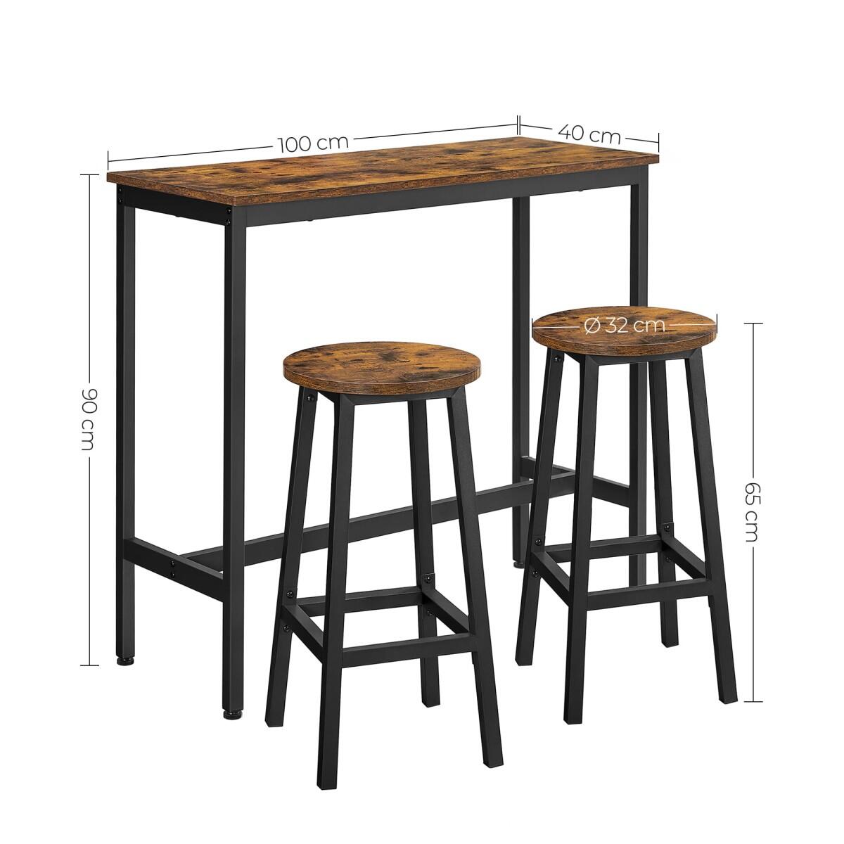 Masa pentru bucatarie/living/bar + 2 scaune, pal si otel, maro rustic, 100x40x90 cm
