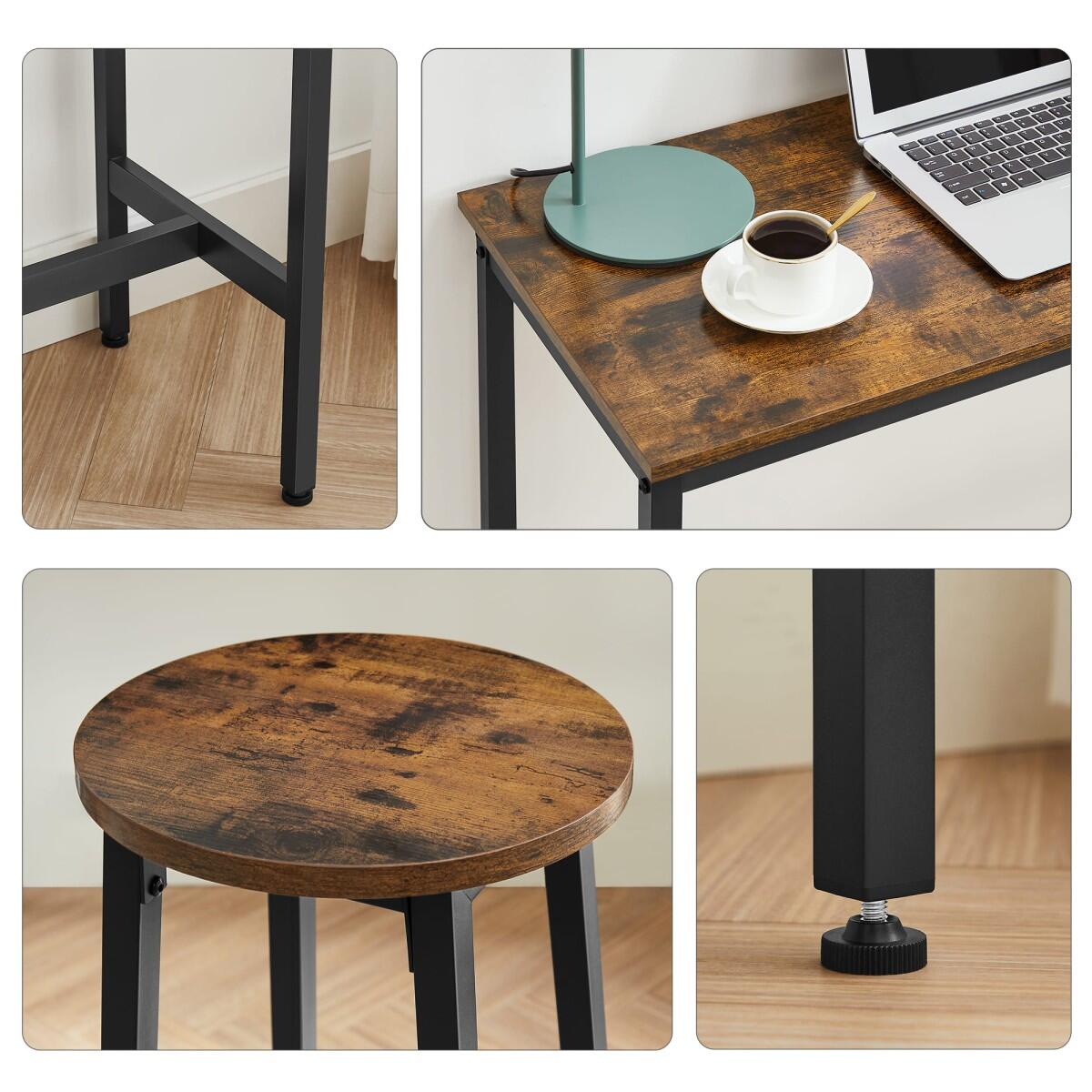 Masa pentru bucatarie/living/bar + 2 scaune, pal si otel, maro rustic, 100x40x90 cm