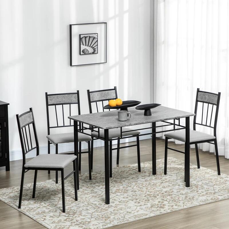 Étkező-/konyhaasztal + 4 szék, MDF, fém, szürke és fekete, 107x70x75,5 cm
