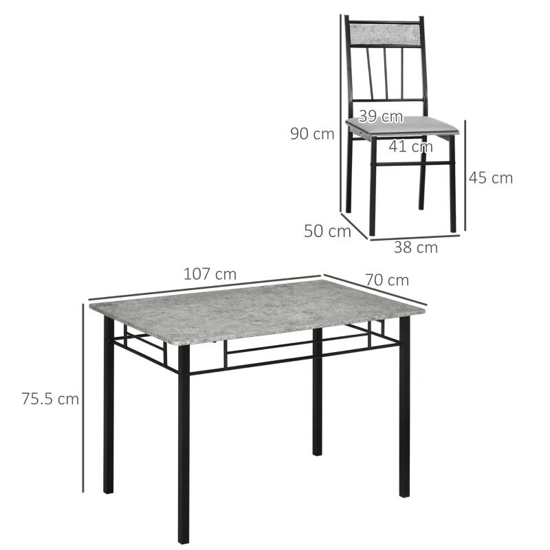 Étkező-/konyhaasztal + 4 szék, MDF, fém, szürke és fekete, 107x70x75,5 cm