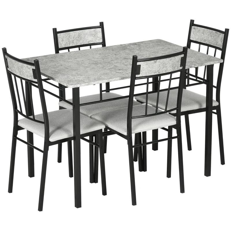 Étkező-/konyhaasztal + 4 szék, MDF, fém, szürke és fekete, 107x70x75,5 cm