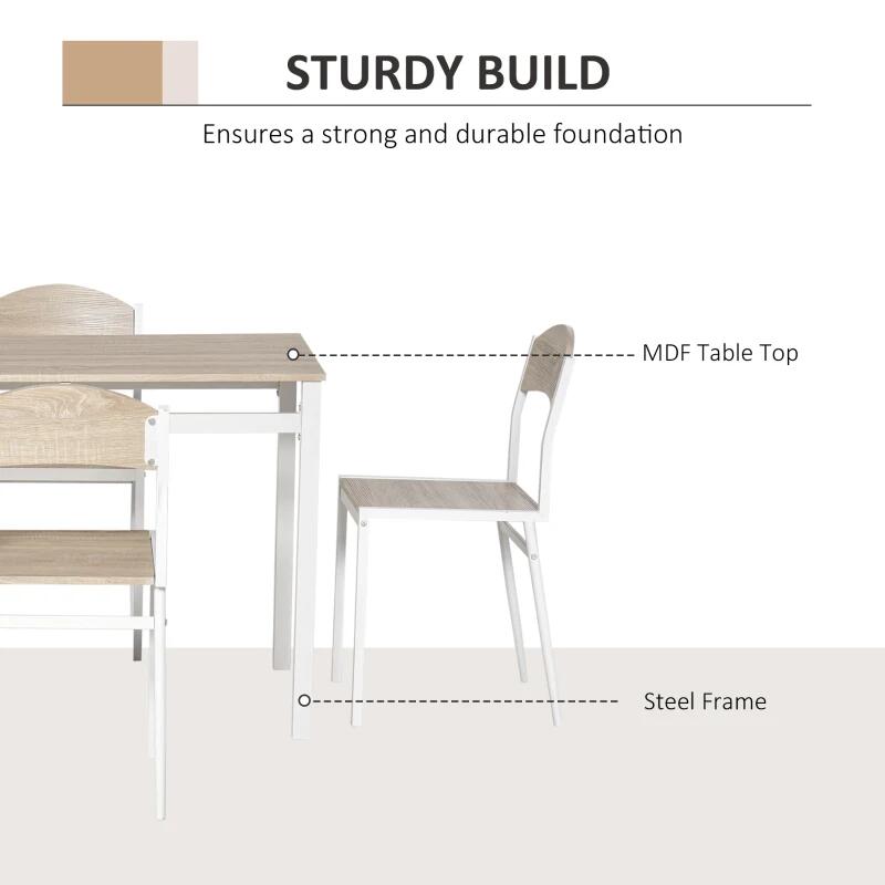 Masa pentru sufragerie/bucatarie + 4 scaune, MDF, metal, maro si alb, 105x65x76.5 cm