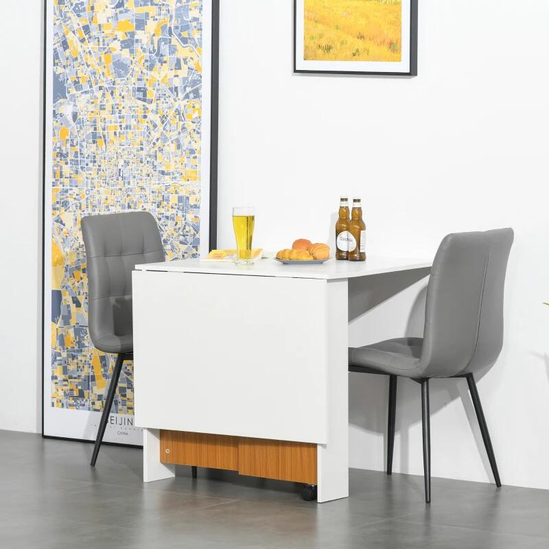 Étkező/nappali asztal, kerekeken, kihúzható, világos, fehér és natúr, 15-120x80x73 cm